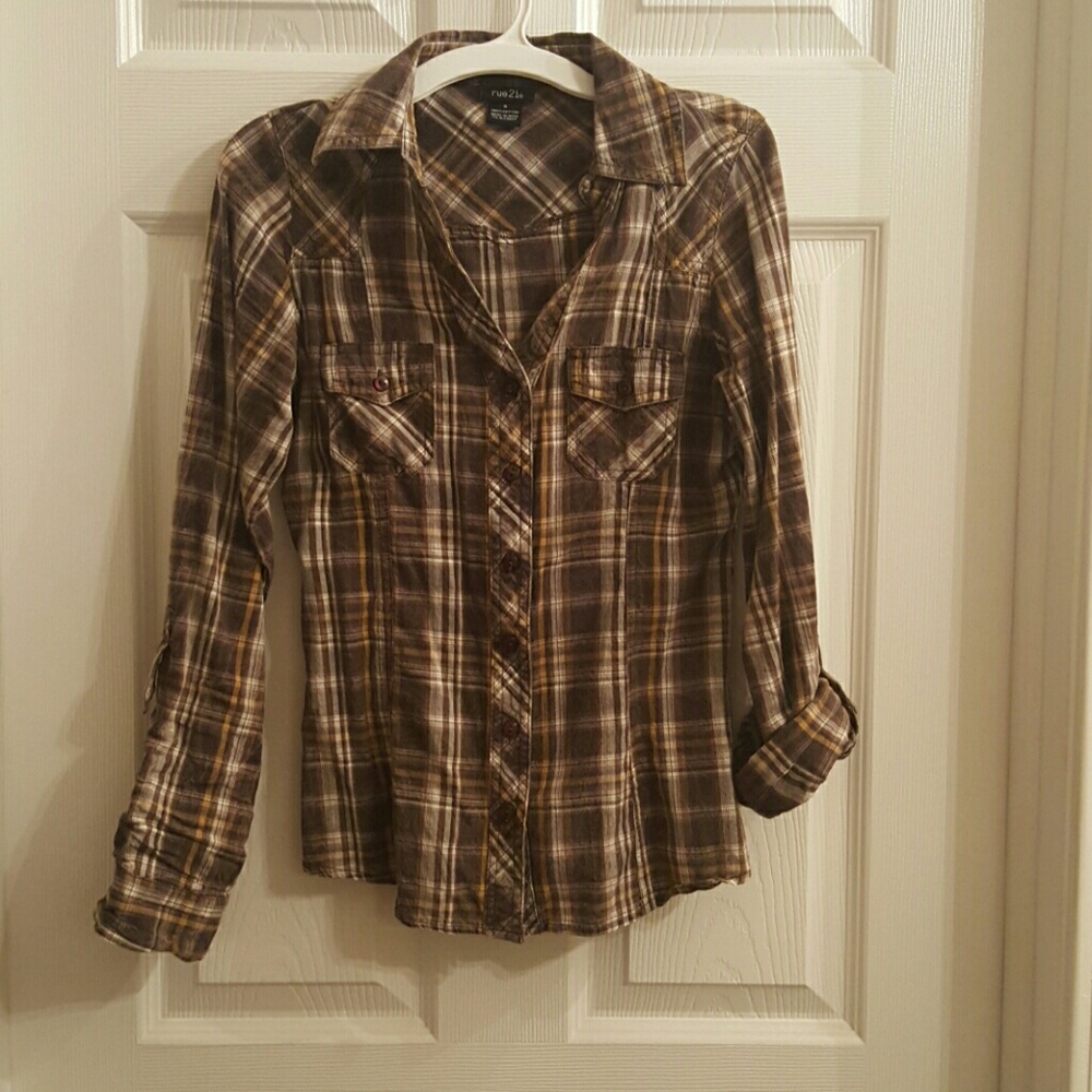 Brown V-neck button down
